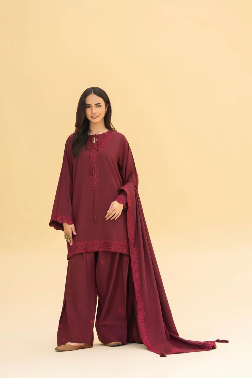 Maroon Embroidered 3-Piece